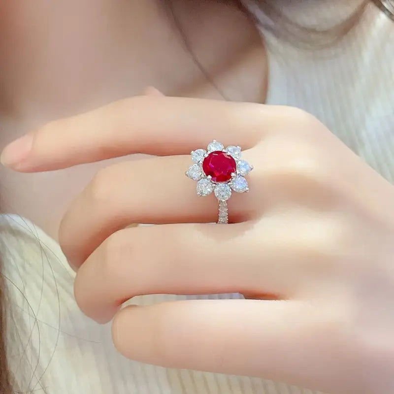 Floral Cluster 2.5 Ct Round Lab Ruby Engagement Ring - LGG Jewelry