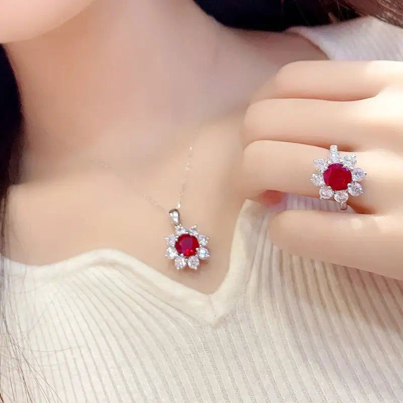 Floral Cluster 2.5 Ct Round Lab Ruby Engagement Ring - LGG Jewelry