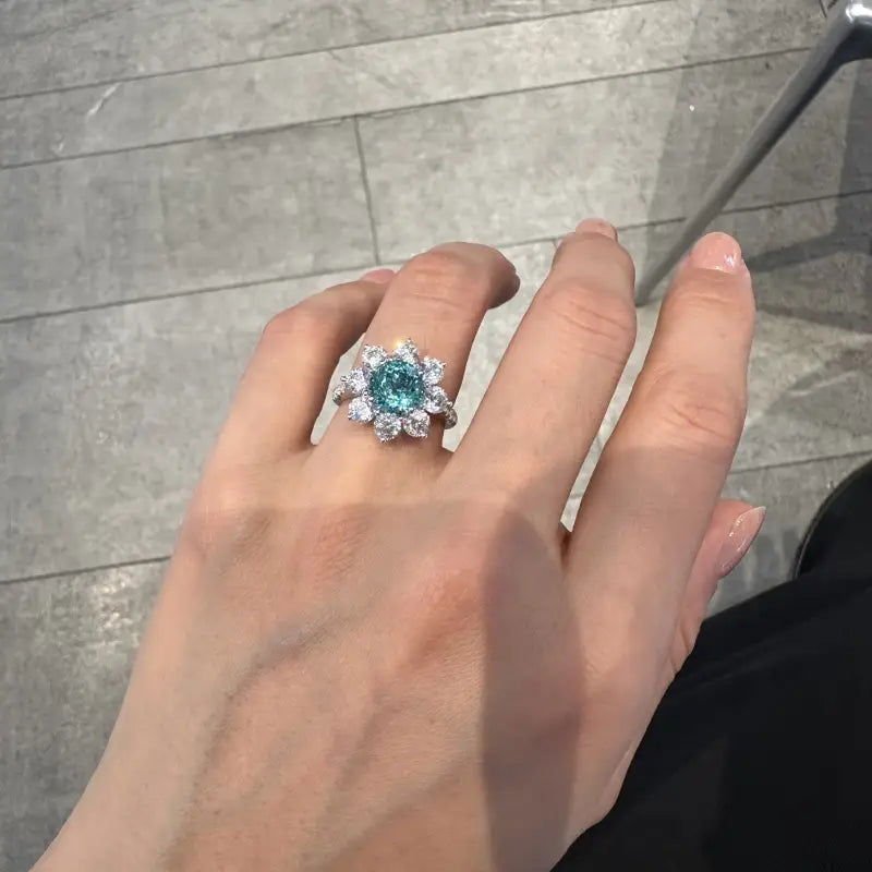 Floral Cluster 3.8 Ct Round Lab Paraiba Engagement Ring - LGG Jewelry