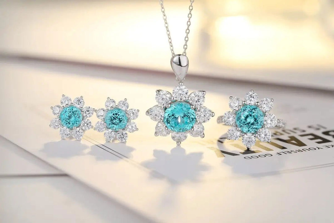 Floral Cluster 3.8 Ct Round Lab Paraiba Engagement Ring - LGG Jewelry