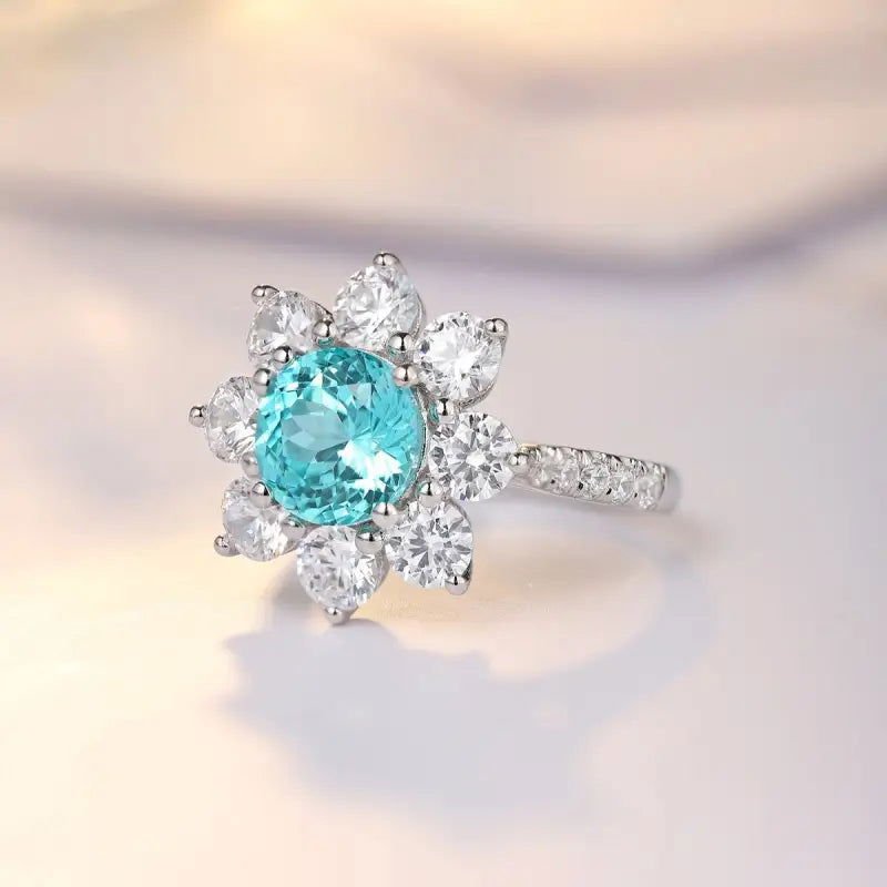 Floral Cluster 3.8 Ct Round Lab Paraiba Engagement Ring - LGG Jewelry