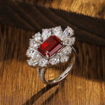 Lade Bild in die Galerieansicht, Flower Cluster 4 Ct Emerald Cut Lab Ruby Engagement Ring - LGG Jewelry
