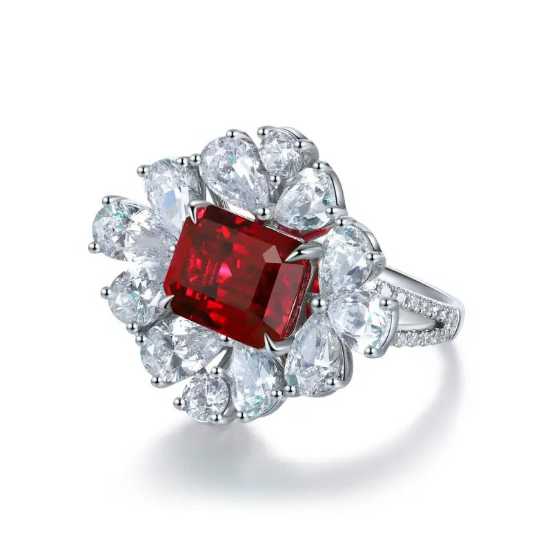 Flower Cluster 4 Ct Emerald Cut Lab Ruby Engagement Ring - LGG Jewelry
