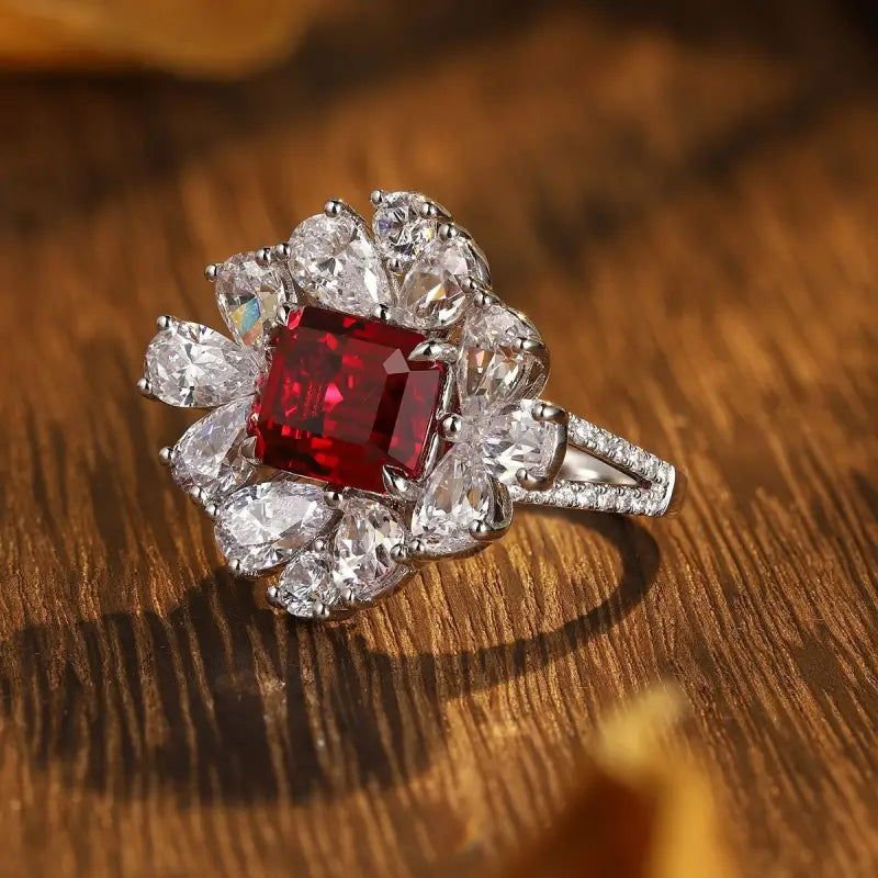 Flower Cluster 4 Ct Emerald Cut Lab Ruby Engagement Ring - LGG Jewelry