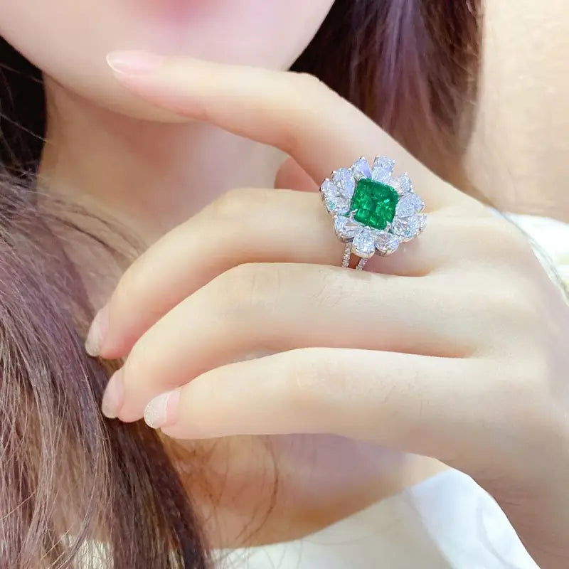 Flower Cluster 4 Ct Lab Emerald Engagement Ring - LGG Jewelry