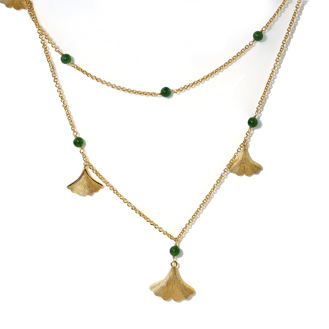 Golden Ginkgo & Green Hetian Jasper Long Necklace - LGG Jewelry
