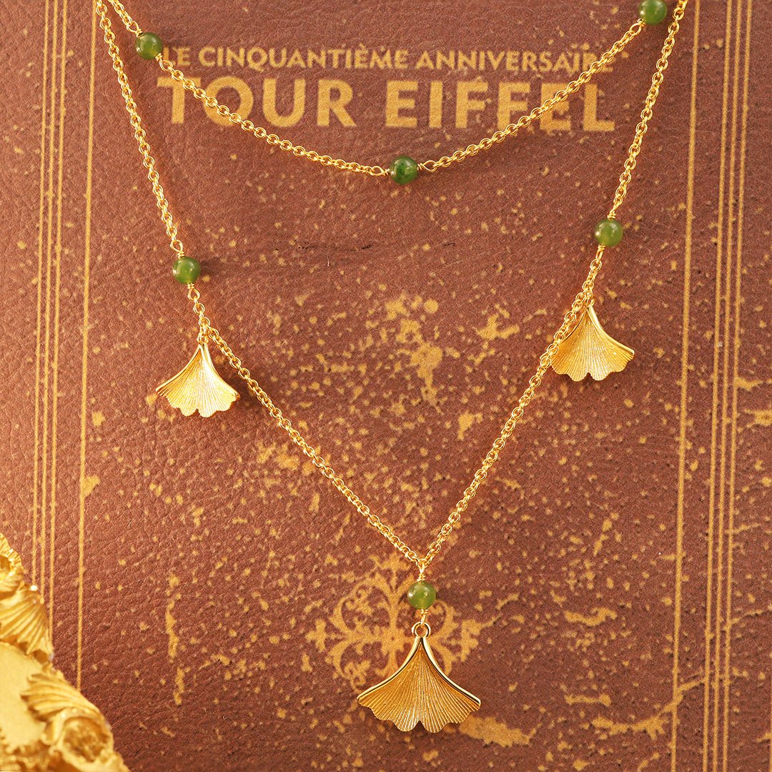 Golden Ginkgo & Green Hetian Jasper Long Necklace - LGG Jewelry
