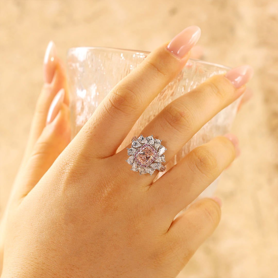 IGI Certified 1.03 Ct Radiant Cut Fancy Pink Lab Diamond Pink Halo Pear-Cluster Engagement Ring - LGG Jewelry