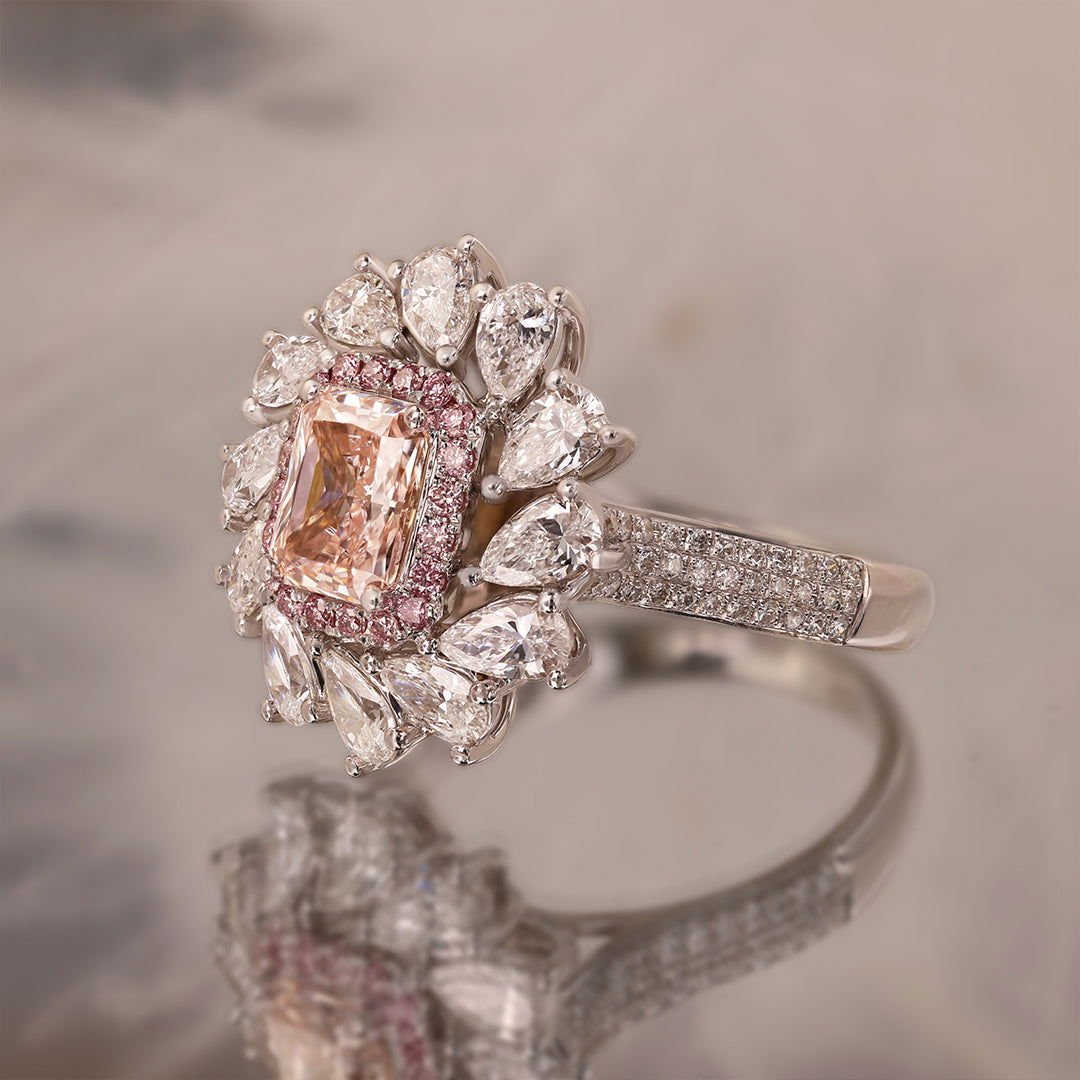 IGI Certified 1.03 Ct Radiant Cut Fancy Pink Lab Diamond Pink Halo Pear-Cluster Engagement Ring - LGG Jewelry