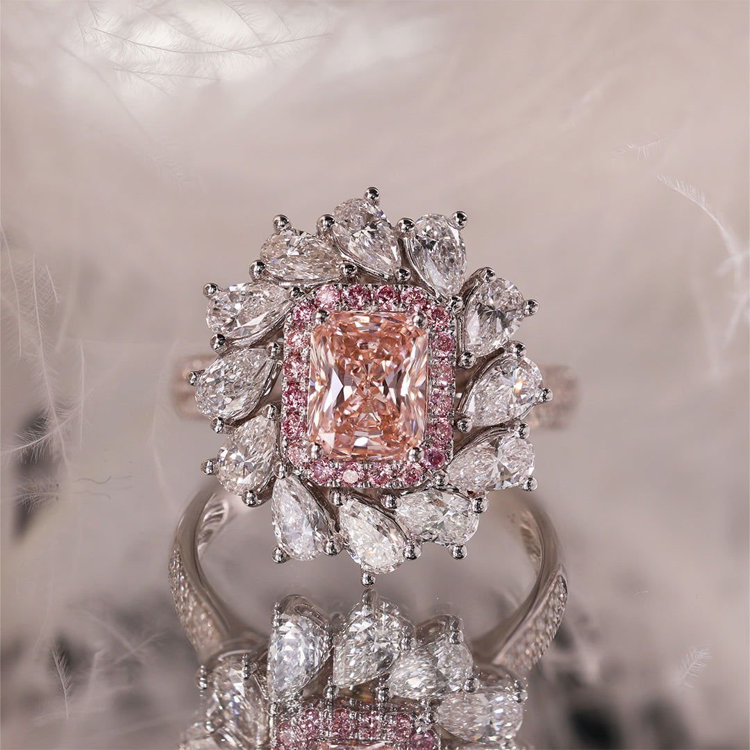 IGI Certified 1.03 Ct Radiant Cut Fancy Pink Lab Diamond Pink Halo Pear-Cluster Engagement Ring - LGG Jewelry