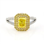 Lade Bild in die Galerieansicht, IGI Certified 1.123 Ct Fancy Vivid Yellow Radiant Cut Lab Diamond Double Halo Split Shank Engagement Ring - LGG Jewelry