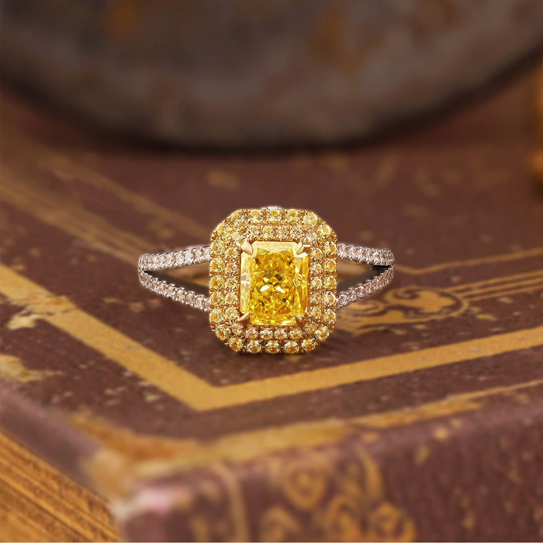 IGI Certified 1.123 Ct Fancy Vivid Yellow Radiant Cut Lab Diamond Double Halo Split Shank Engagement Ring - LGG Jewelry