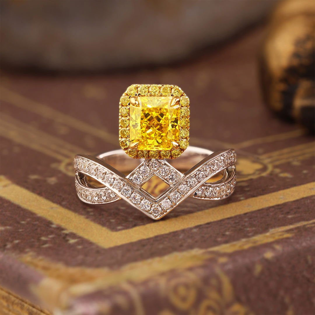 IGI Certified Crossed Chevron 1.024 Ct Radiant Cut Fancy Vivid Yellow Lab Diamond Crown Engagement Ring - LGG Jewelry