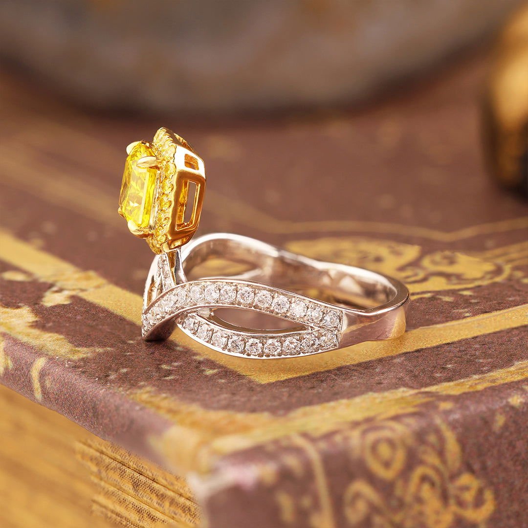 IGI Certified Crossed Chevron 1.024 Ct Radiant Cut Fancy Vivid Yellow Lab Diamond Crown Engagement Ring - LGG Jewelry