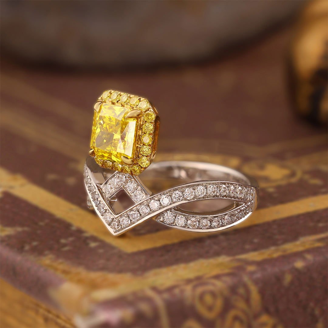 IGI Certified Crossed Chevron 1.024 Ct Radiant Cut Fancy Vivid Yellow Lab Diamond Crown Engagement Ring - LGG Jewelry