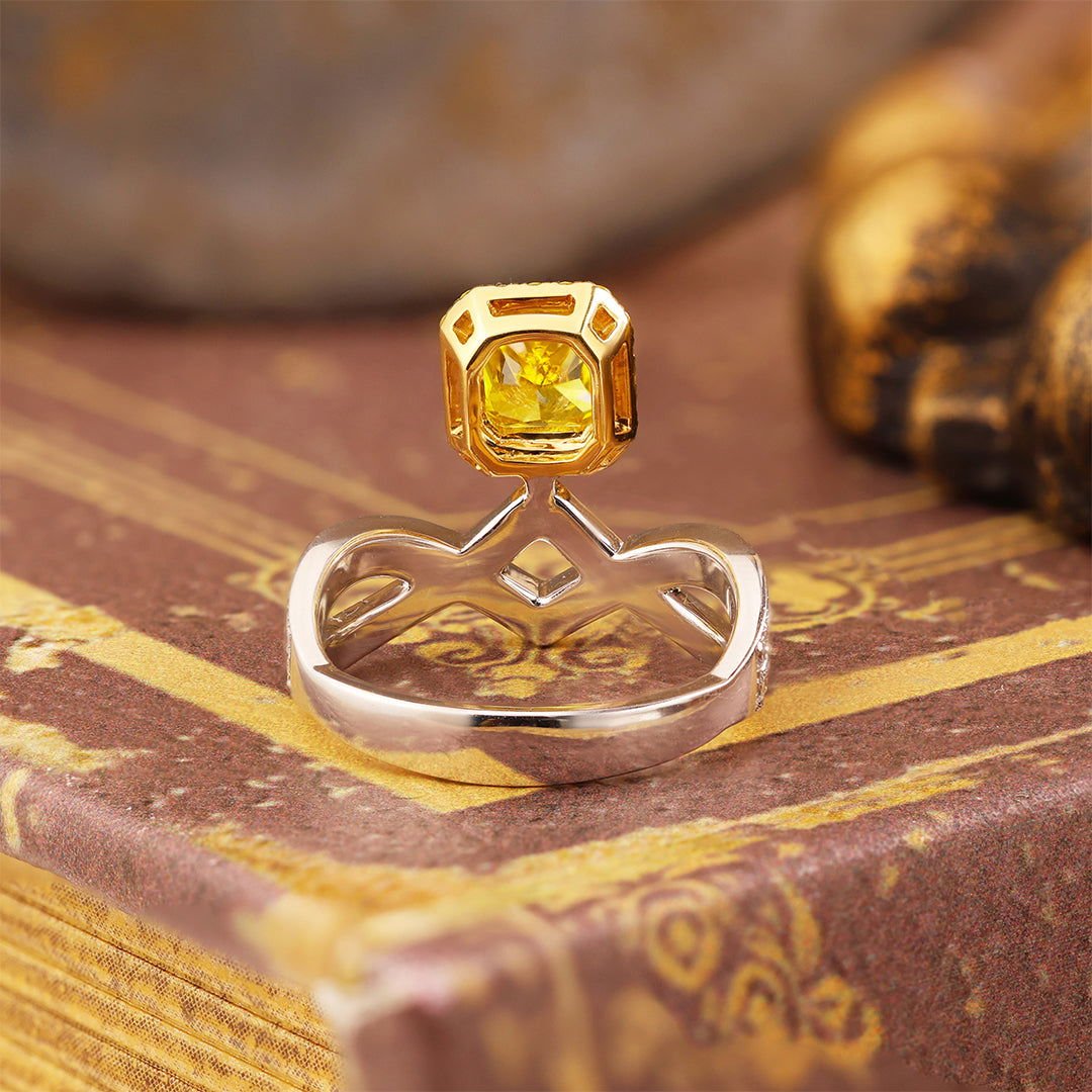 IGI Certified Crossed Chevron 1.024 Ct Radiant Cut Fancy Vivid Yellow Lab Diamond Crown Engagement Ring - LGG Jewelry