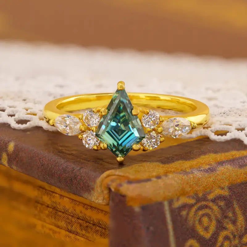 Kite Cut Green Moissanite Cluster Engagement Ring - LGG Jewelry