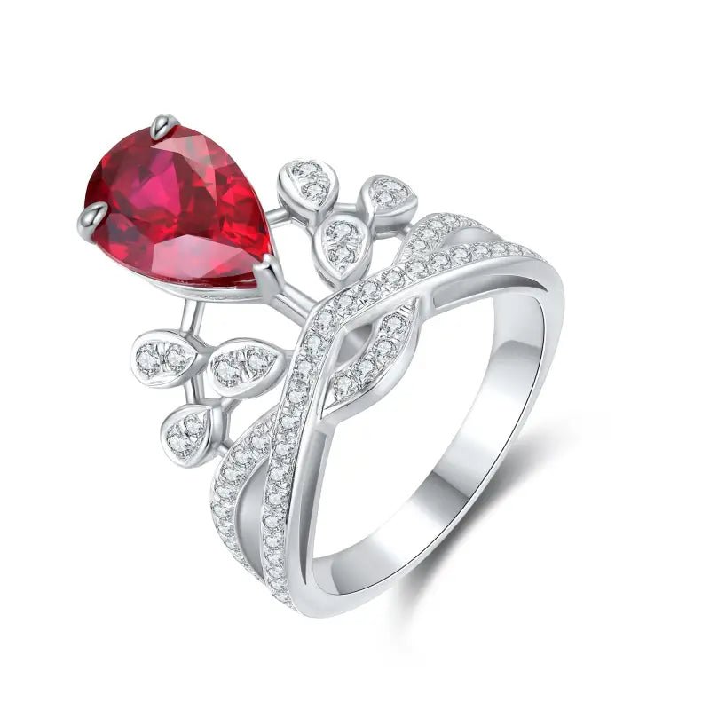 Leaf Crown 2.7 Ct Pear Cut Lab Ruby Engagement Ring - LGG Jewelry