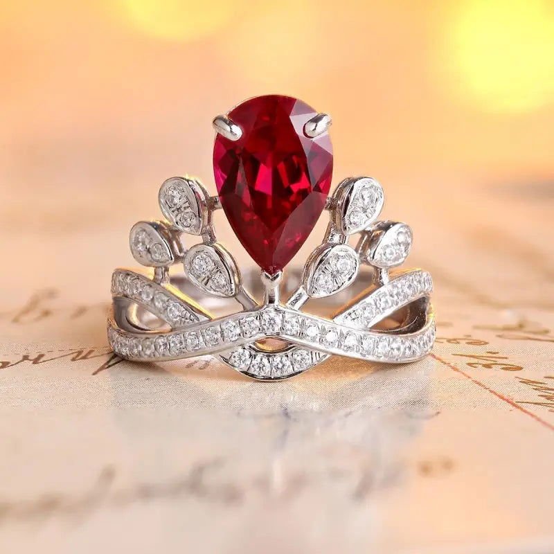 Leaf Crown 2.7 Ct Pear Cut Lab Ruby Engagement Ring - LGG Jewelry