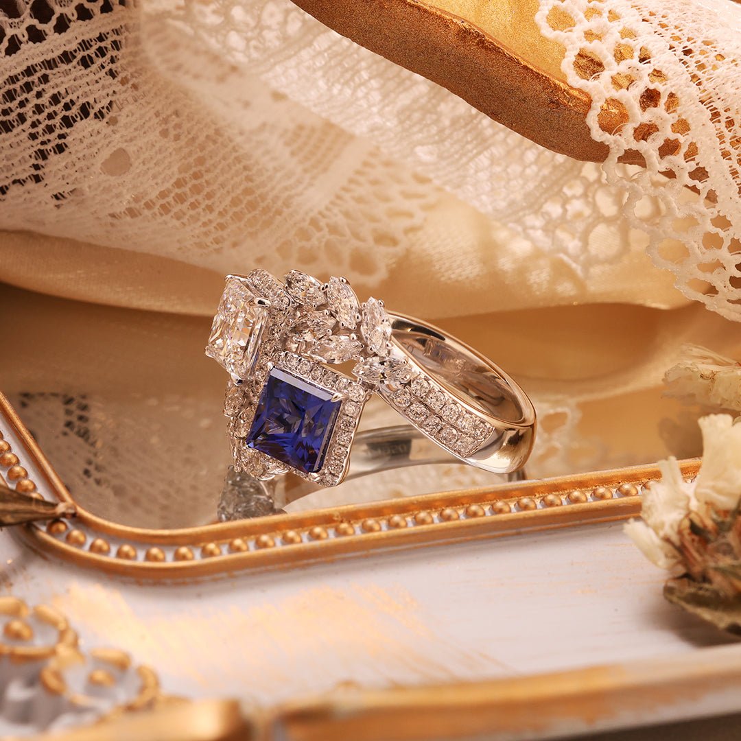 Luxurious Leafy 1.5 CT Princess Cut Lab Diamond & Blue Lab Sapphire Toi Et Moi Engagement Ring - LGG Jewelry