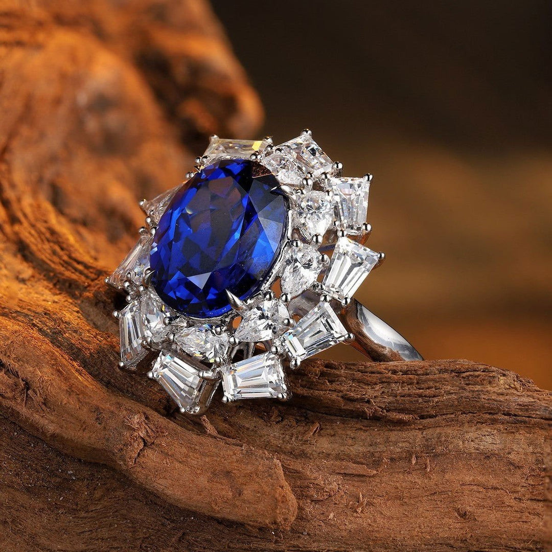 Luxury 5 Ct Oval Lab Blue Sapphire Cluster Engagement Ring - LGG Jewelry
