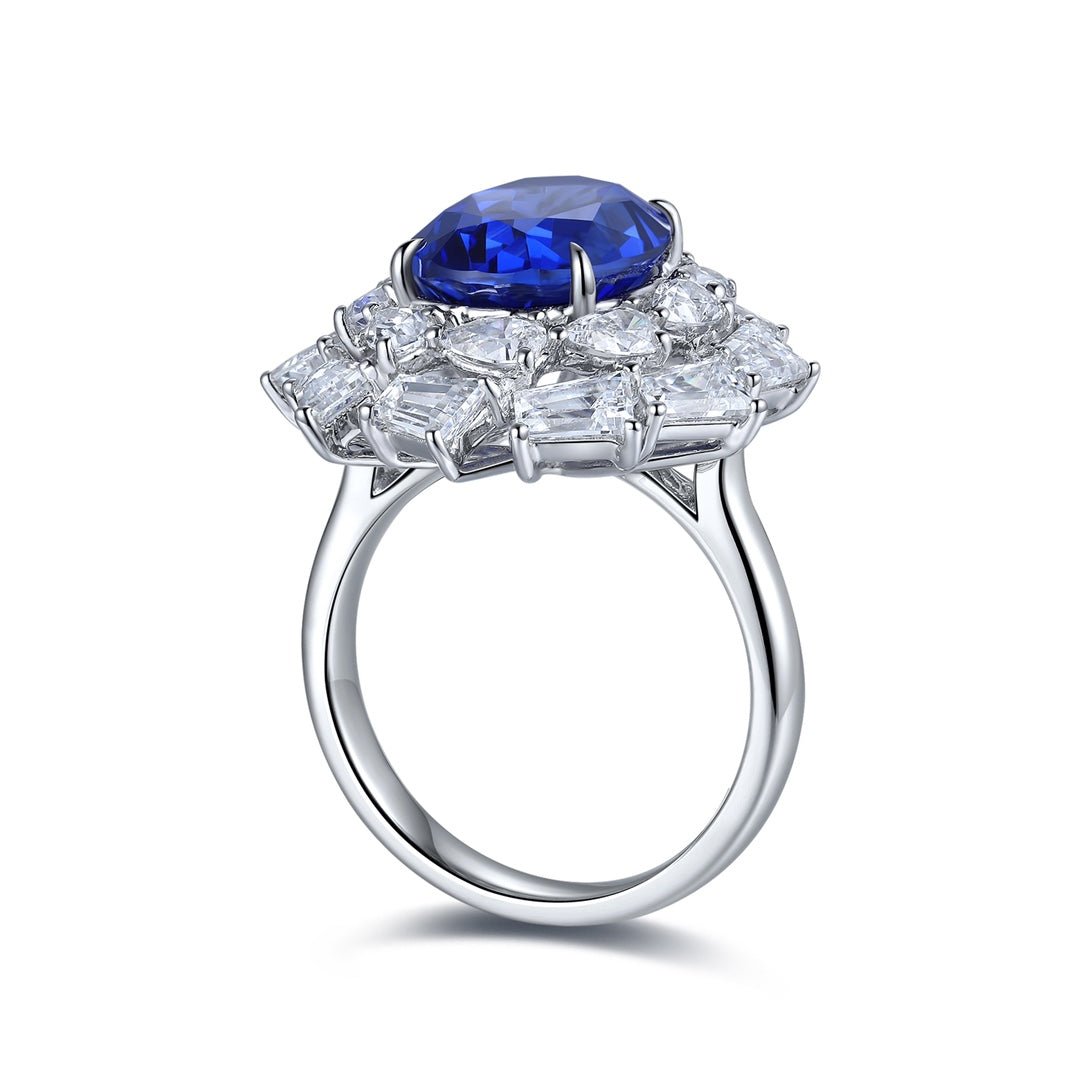 Luxury 5 Ct Oval Lab Blue Sapphire Cluster Engagement Ring - LGG Jewelry