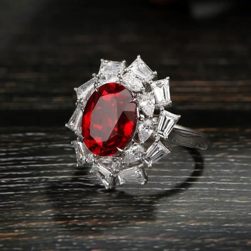 Luxury 6 Ct Oval Lanb Ruby Cluster Engagement Ring - LGG Jewelry