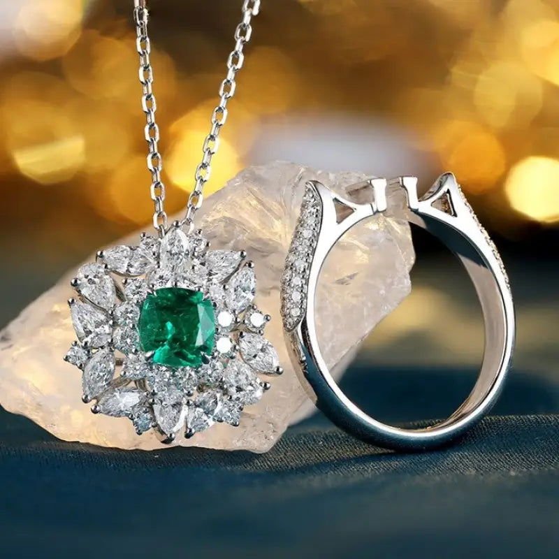 Luxury Cluster 0.73 Ct Cushion Lab Emerald Half Pave Engagement Ring - LGG Jewelry
