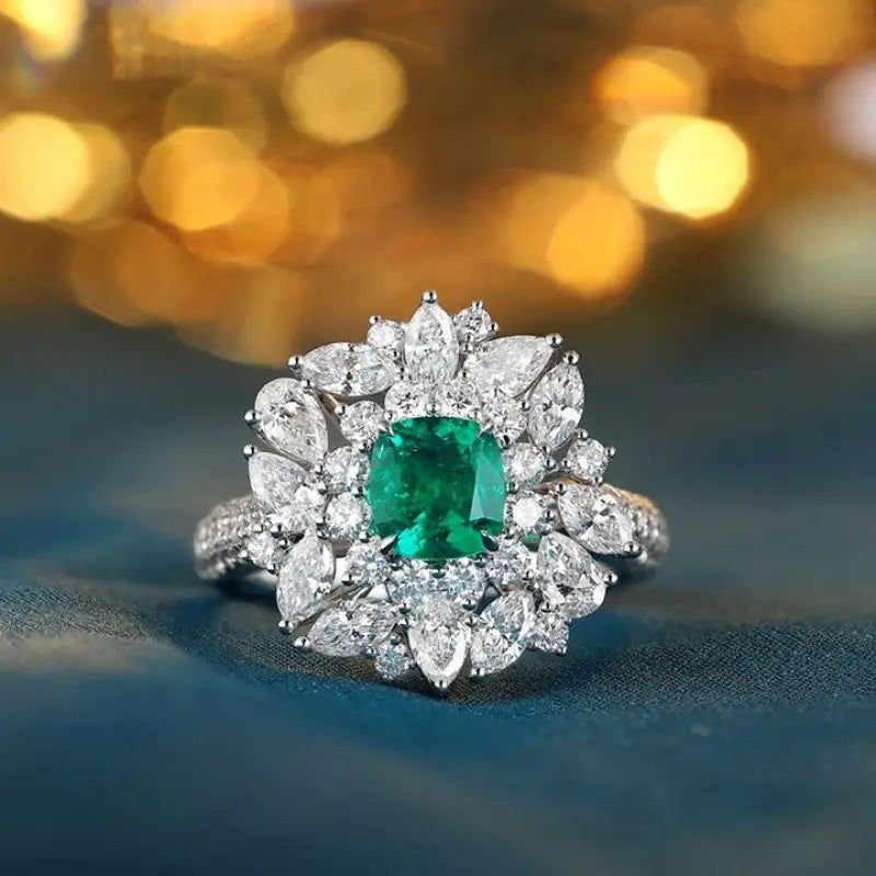 Luxury Cluster 0.73 Ct Cushion Lab Emerald Half Pave Engagement Ring - LGG Jewelry