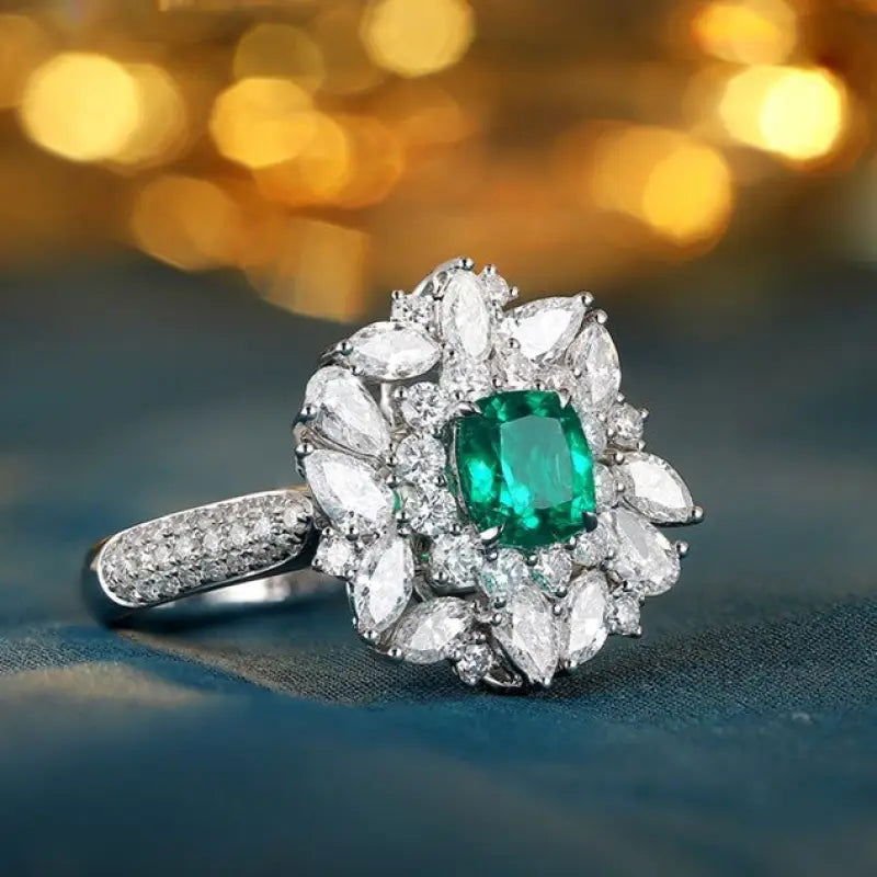 Luxury Cluster 0.73 Ct Cushion Lab Emerald Half Pave Engagement Ring - LGG Jewelry