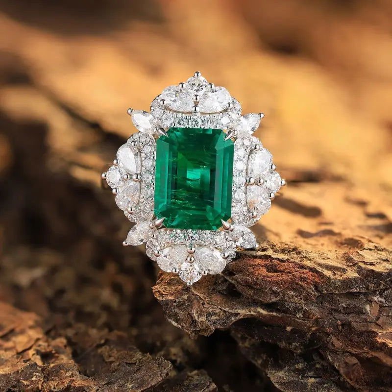 Luxury Cluster 3 Ct Lab Emerald Four Prongs Engagement Ring - LGG Jewelry