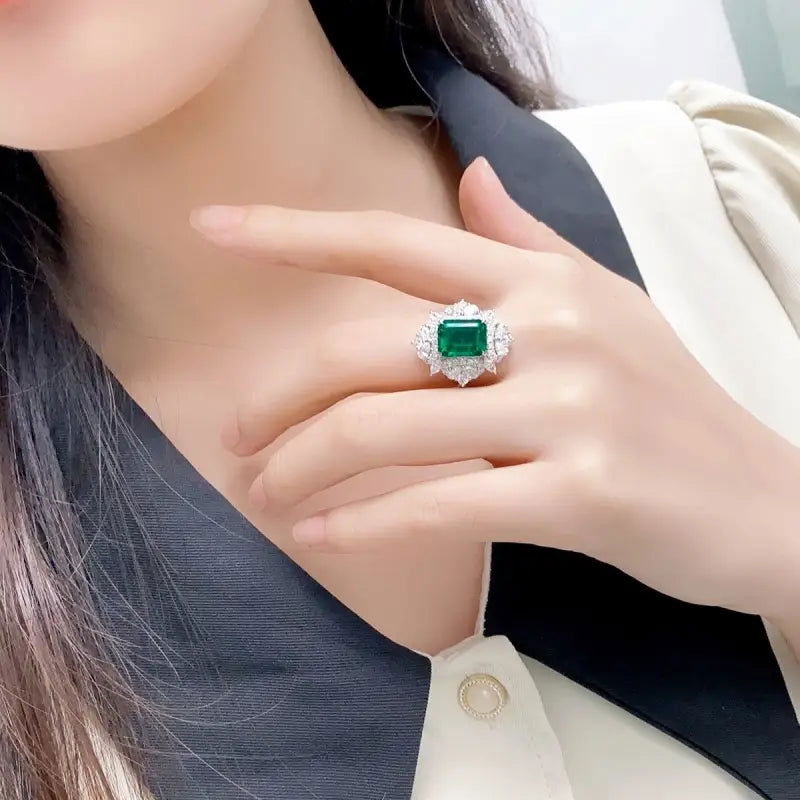 Luxury Cluster 3 Ct Lab Emerald Four Prongs Engagement Ring - LGG Jewelry