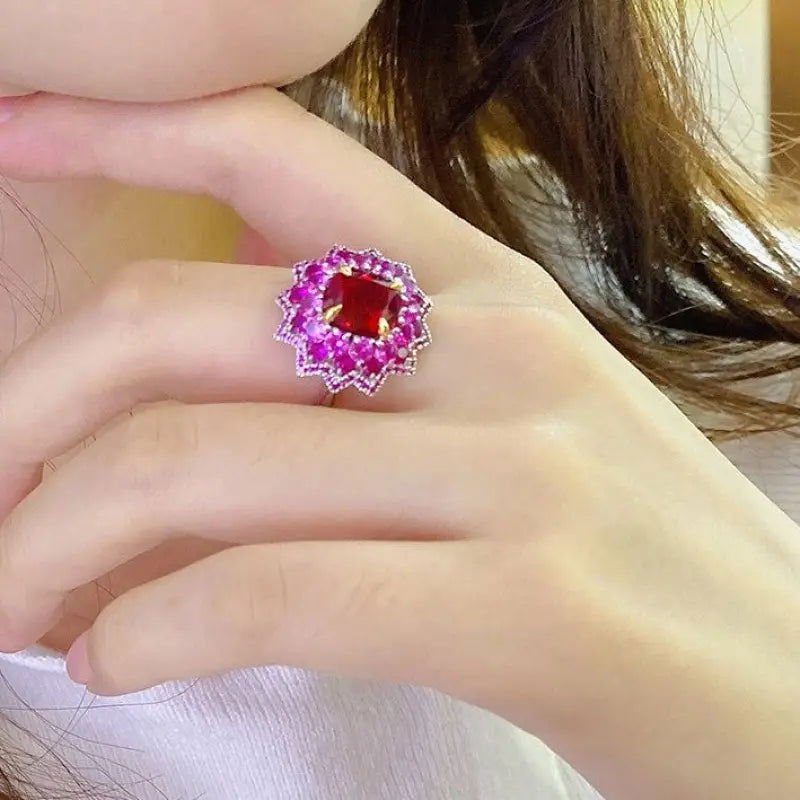 Luxury Floral Cluster 3.5 Ct Cushion Lab Ruby Engagement Ring - LGG Jewelry