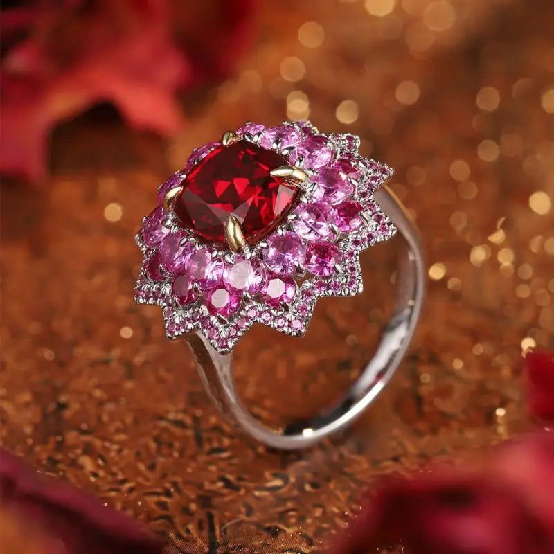 Luxury Floral Cluster 3.5 Ct Cushion Lab Ruby Engagement Ring - LGG Jewelry