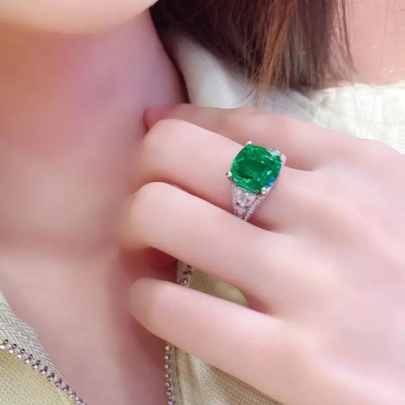 Luxury Pave 5.4 Ct Cushion Cut Lab Emerald Three-Stone Engagement Ring - LGG Jewelry