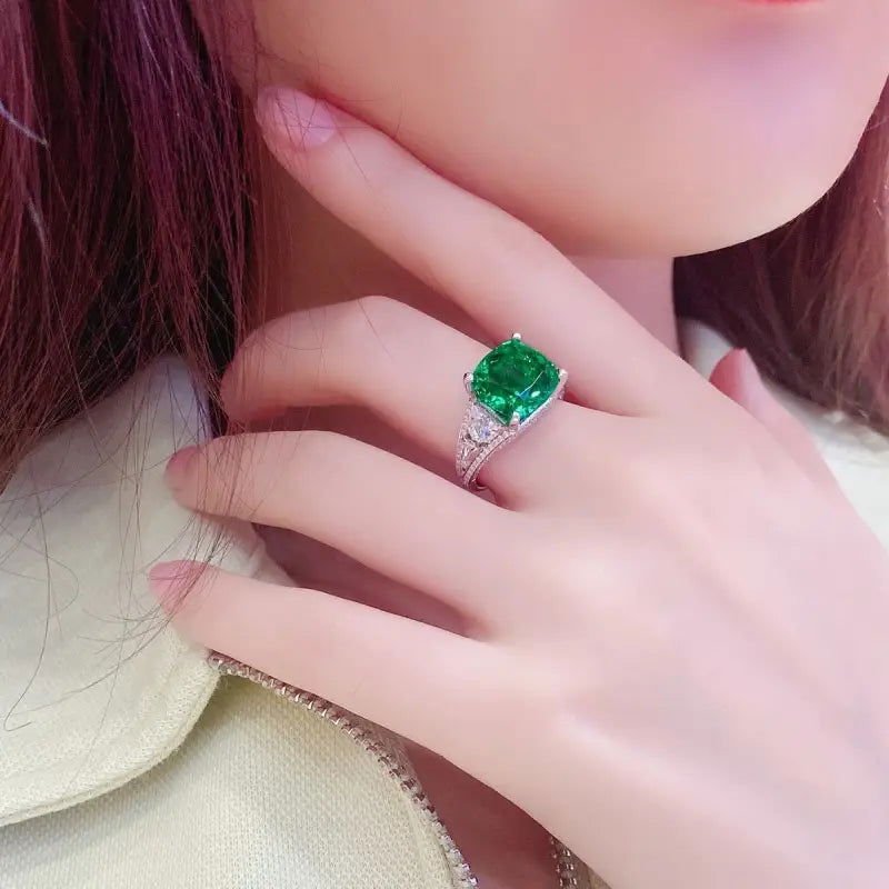 Luxury Pave 5.4 Ct Cushion Cut Lab Emerald Three-Stone Engagement Ring - LGG Jewelry