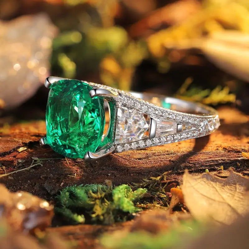 Luxury Pave 5.4 Ct Cushion Cut Lab Emerald Three-Stone Engagement Ring - LGG Jewelry
