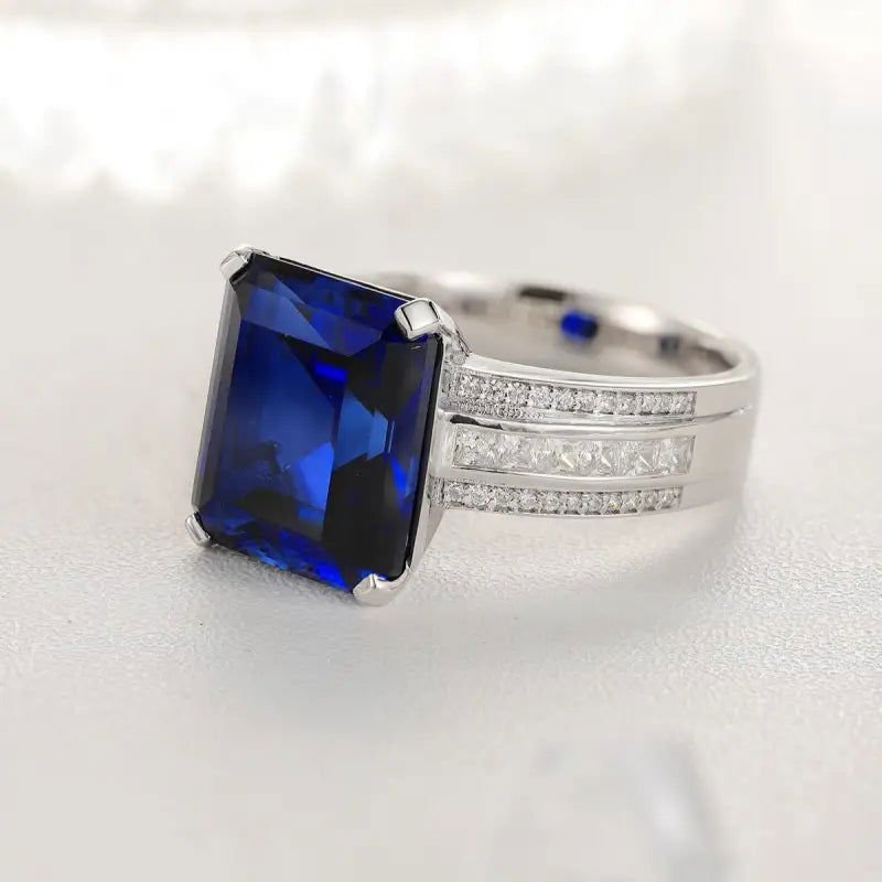 Luxury Triple Split Shank 13 Ct Emerald Cut Lab Blue Sapphire Engagement Ring - LGG Jewelry