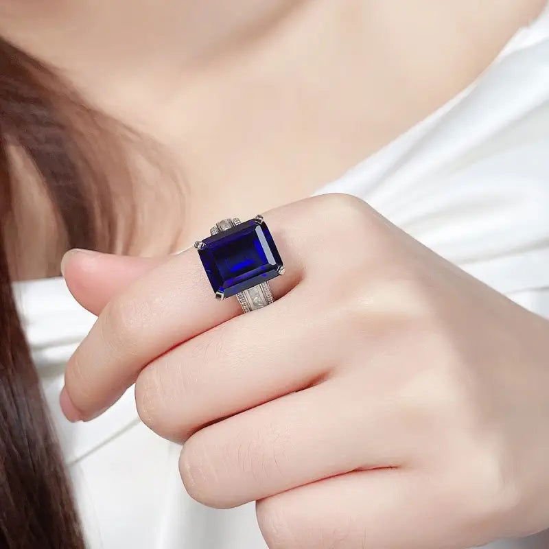 Luxury Triple Split Shank 13 Ct Emerald Cut Lab Blue Sapphire Engagement Ring - LGG Jewelry