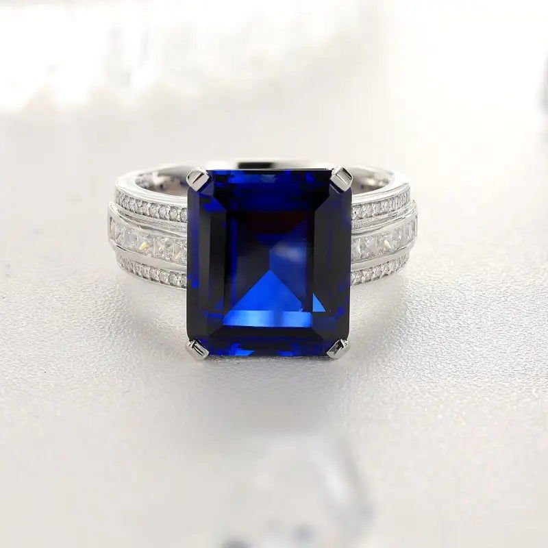 Luxury Triple Split Shank 13 Ct Emerald Cut Lab Blue Sapphire Engagement Ring - LGG Jewelry