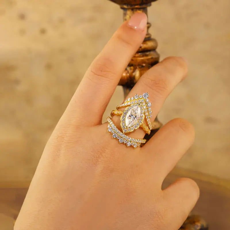 Luxury Vintage Trio Marquise Cut Lab Diamond Bridal Rings - 3pcs - LGG Jewelry