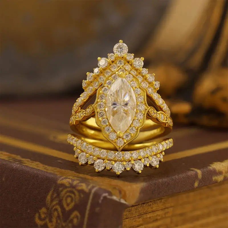 Luxury Vintage Trio Marquise Cut Lab Diamond Bridal Rings - 3pcs - LGG Jewelry
