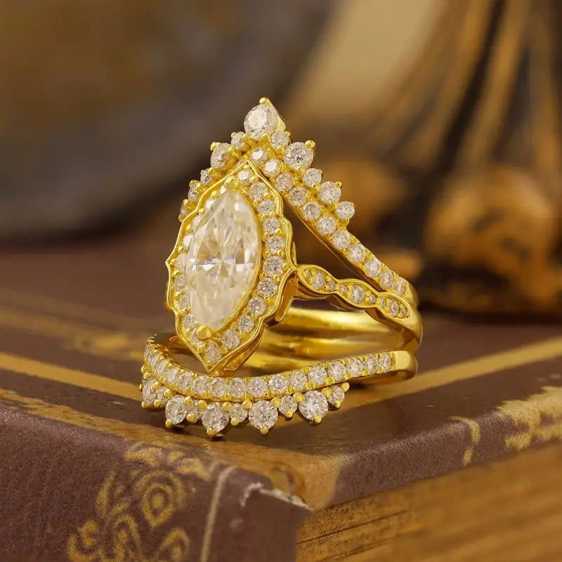 Luxury Vintage Trio Marquise Cut Lab Diamond Bridal Rings - 3pcs - LGG Jewelry