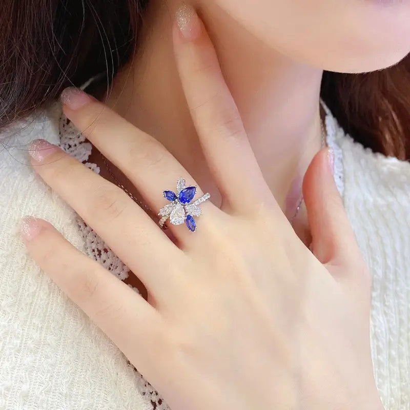 Marquise & Pear Cut Lab Blue Sapphire and Lab Diamond Engagement Ring - LGG Jewelry