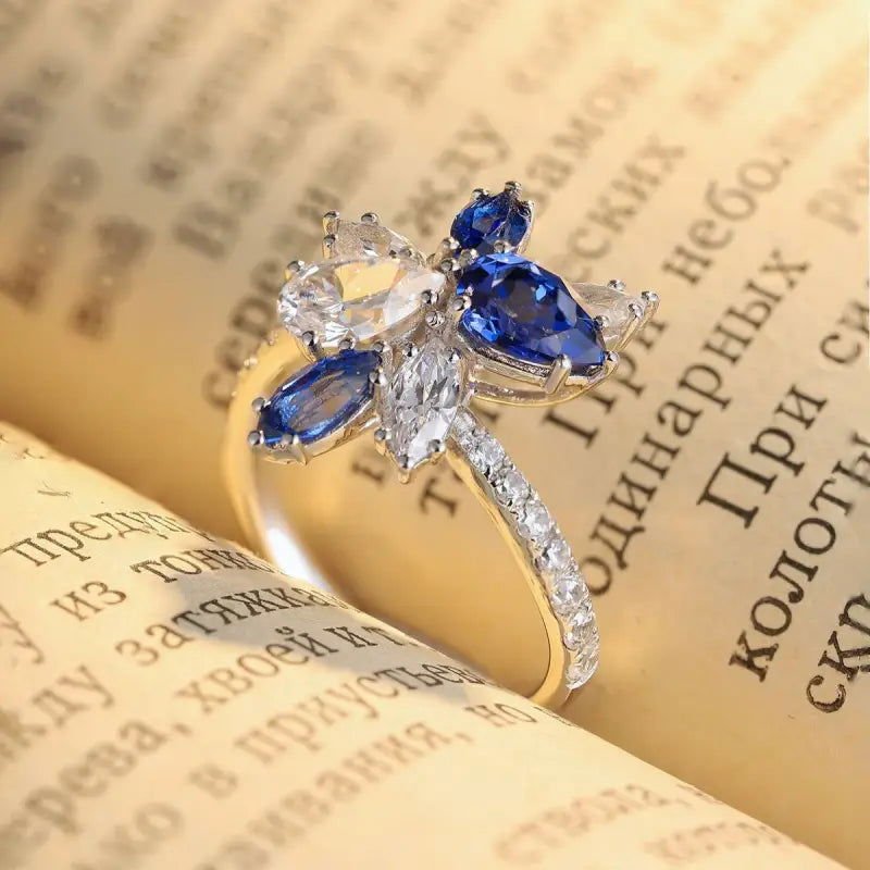 Marquise & Pear Cut Lab Blue Sapphire and Lab Diamond Engagement Ring - LGG Jewelry