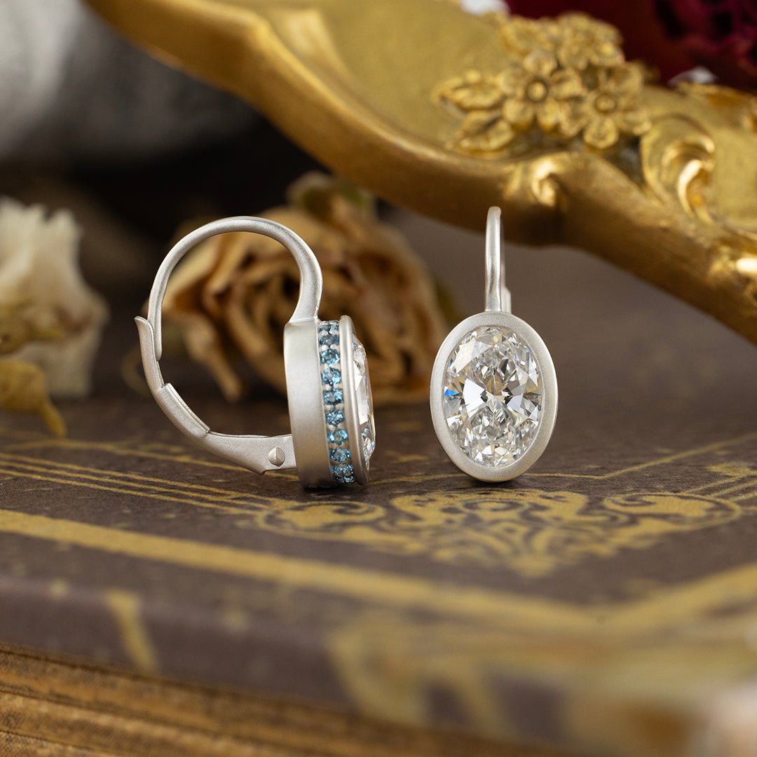Matte Bezel Oval Cut Lab Diamond Dangle Earrings with Lab Blue Sapphire Hidden Halo - LGG Jewelry