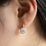 Lade Bild in die Galerieansicht, Matte Bezel Oval Cut Lab Diamond Dangle Earrings with Lab Blue Sapphire Hidden Halo - LGG Jewelry