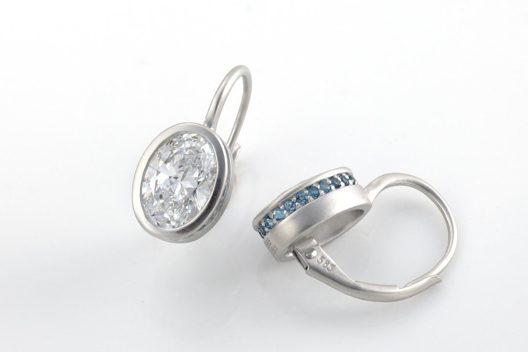 Matte Bezel Oval Cut Lab Diamond Dangle Earrings with Lab Blue Sapphire Hidden Halo - LGG Jewelry