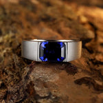 Lade Bild in die Galerieansicht, Minimalistic 3.5 Ct Emerald Cut Lab Blue Sapphire Half Bezel Wedding Ring For Men - LGG Jewelry