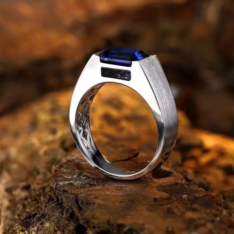 Minimalistic 3.5 Ct Emerald Cut Lab Blue Sapphire Half Bezel Wedding Ring For Men - LGG Jewelry